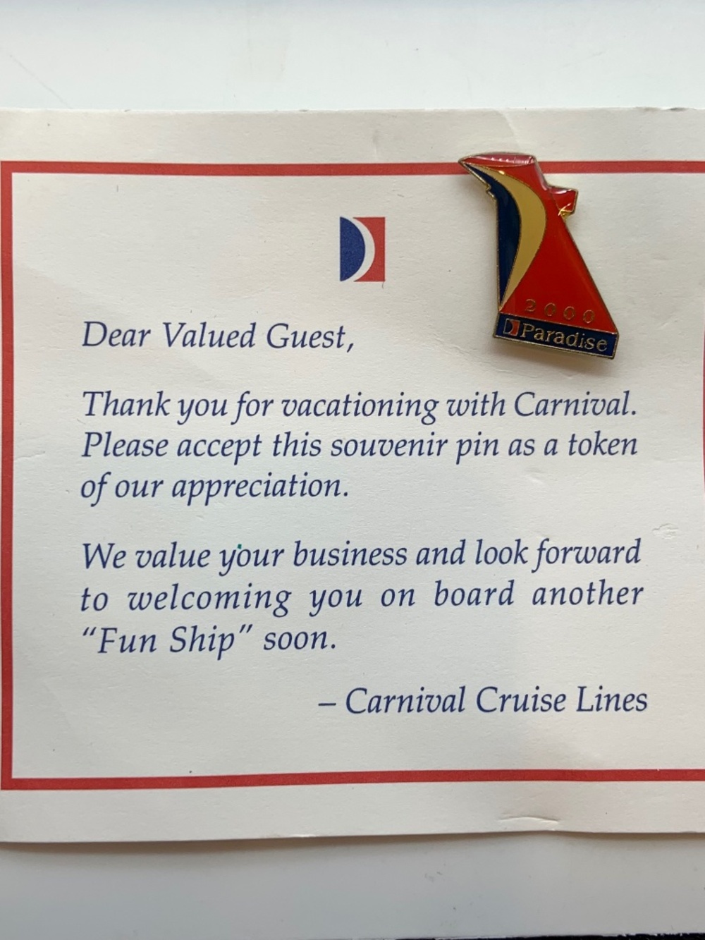 Vintage Carnival Cruise Lines Carnival Paradise Collectible Lapel Pin and Card 2